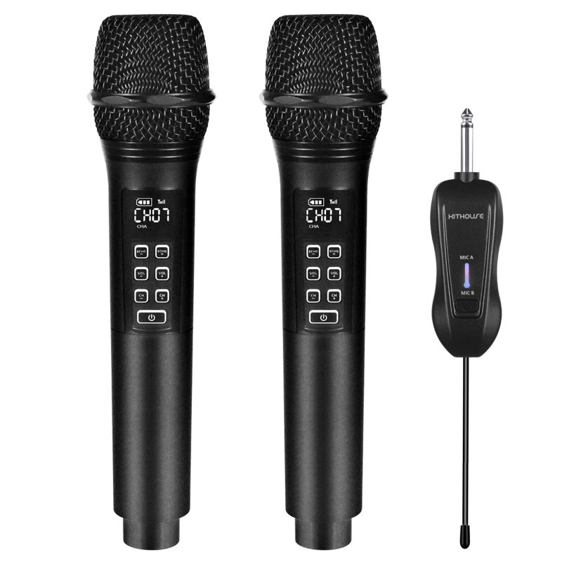 Kithouse K28 Rechargeable Wireless Microphone Karaoke Cordless Microphone with Volume & Echo Control and Receiver, UHF Handheld Dynamic Microphone for Singing Karaoke Speech, Black - Image 1